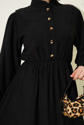 V Parçalı Bel Lastikli Elbise Siyah - Tesettür Elbise