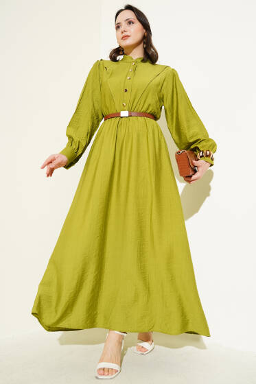 V Parçalı Bel Lastikli Elbise Yeşil - Elbise