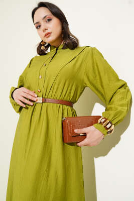 V Parçalı Bel Lastikli Elbise Yeşil - Tesettür Elbise