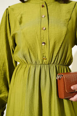 V Parçalı Bel Lastikli Elbise Yeşil - Tesettür Elbise