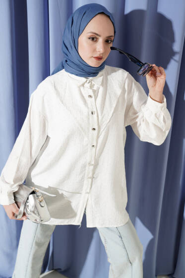 V Parçalı Taş Süslemeli Gömlek Ekru - Gömlek