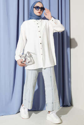 V Parçalı Taş Süslemeli Gömlek Ekru - Gömlek