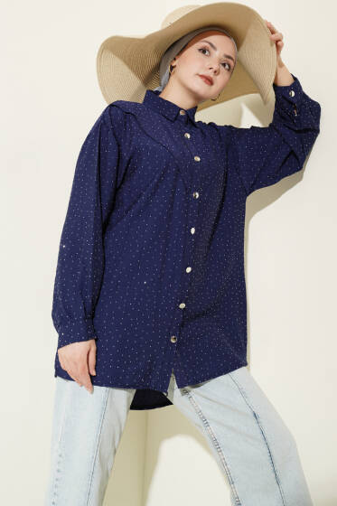 V Parçalı Taş Süslemeli Gömlek Lacivert - Gömlek