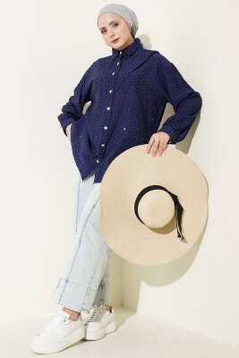V Parçalı Taş Süslemeli Gömlek Lacivert - Gömlek