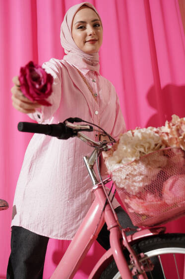 V Parçalı Taş Süslemeli Gömlek Pembe - Gömlek