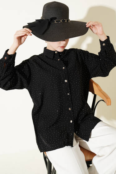 V Parçalı Taş Süslemeli Gömlek Siyah - Gömlek