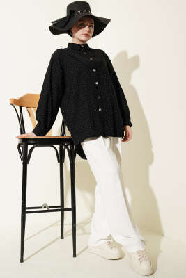 V Parçalı Taş Süslemeli Gömlek Siyah - Gömlek