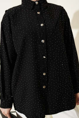 V Parçalı Taş Süslemeli Gömlek Siyah - Gömlek