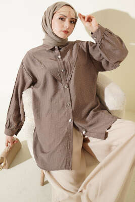 V Parçalı Taş Süslemeli Gömlek Vizon - NEVA MODA