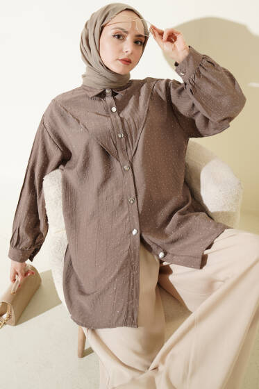 V Parçalı Taş Süslemeli Gömlek Vizon - Gömlek