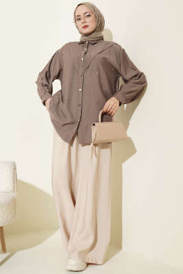 V Parçalı Taş Süslemeli Gömlek Vizon - Gömlek