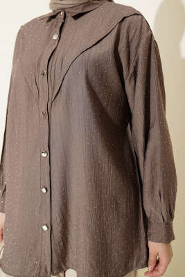 V Parçalı Taş Süslemeli Gömlek Vizon - Gömlek