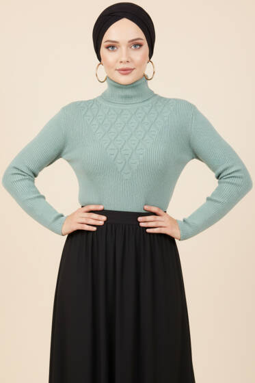 V Puantiye Kabartma Triko Kazak Mint - Triko Kazak