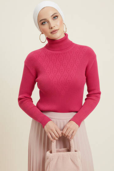 V Puantiye Kabartma Triko Kazak Pembe - Triko Kazak