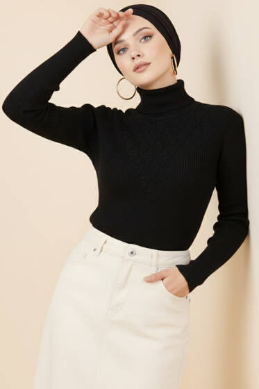 V Puantiye Kabartma Triko Kazak Siyah - Triko Kazak