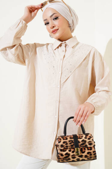 V Taş Detaylı Gömlek Bej - Gömlek