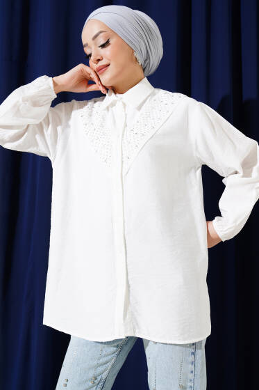 V Taş Detaylı Gömlek Beyaz - Gömlek