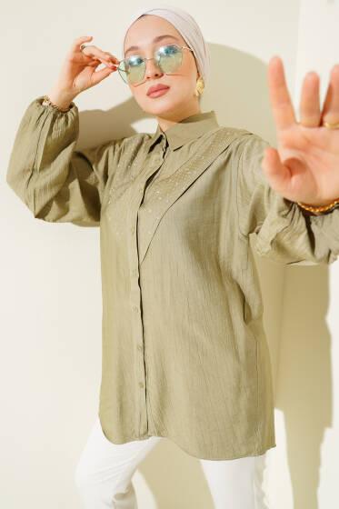 V Taş Detaylı Gömlek Çağla Yeşili - Gömlek