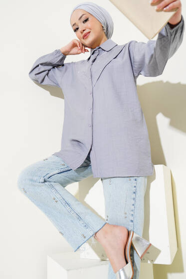 V Taş Detaylı Gömlek Gri - Gömlek