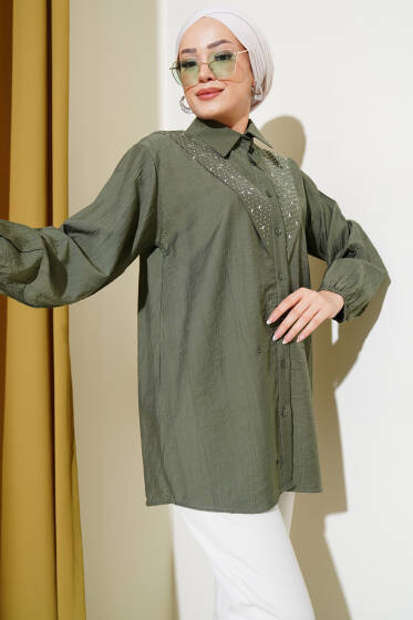 V Taş Detaylı Gömlek Haki - Gömlek