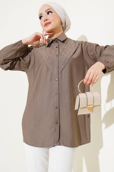 V Taş Detaylı Gömlek Kahve - Gömlek