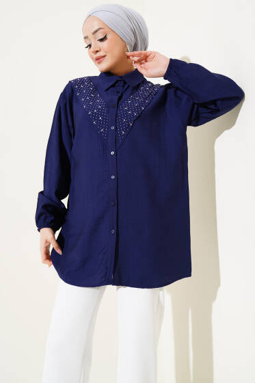 V Taş Detaylı Gömlek Lacivert - Gömlek