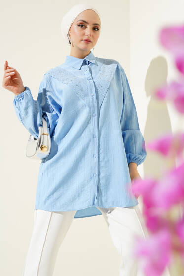 V Taş Detaylı Gömlek Mavi - Gömlek