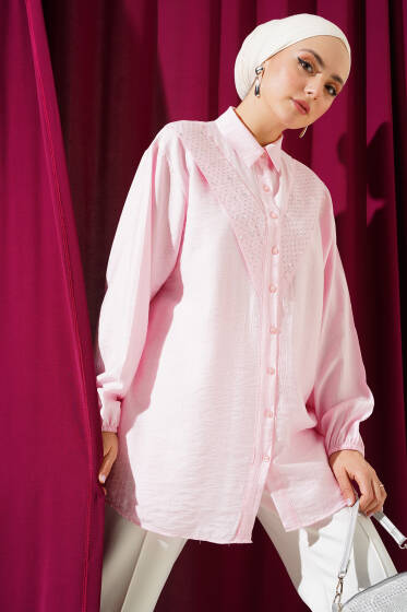 V Taş Detaylı Gömlek Pembe - Gömlek