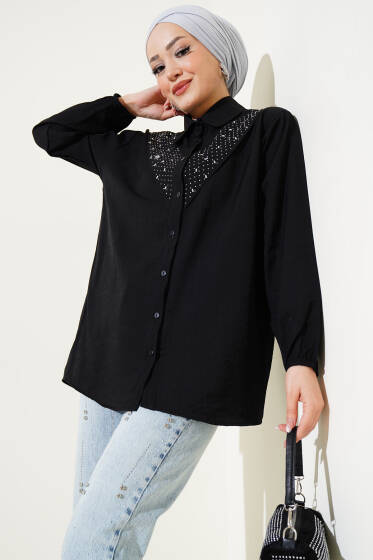 V Taş Detaylı Gömlek Siyah - Gömlek