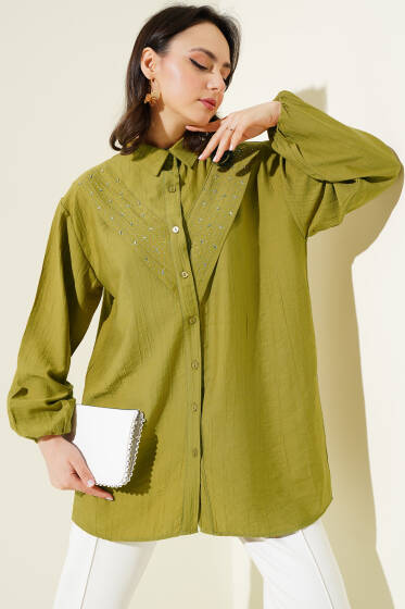 V Taş Detaylı Gömlek Yağ Yeşili - Gömlek