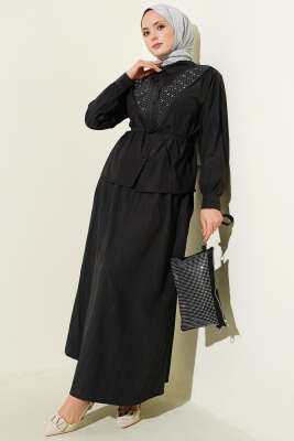 V Taş Süslemeli Tensel Etekli Takım Antrasit - NEVA MODA