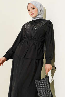 V Taş Süslemeli Tensel Etekli Takım Antrasit - İkili Takım