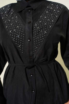 V Taş Süslemeli Tensel Etekli Takım Antrasit - İkili Takım