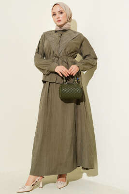 V Taş Süslemeli Tensel Etekli Takım Haki - NEVA MODA