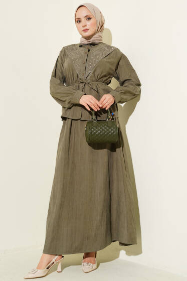 V Taş Süslemeli Tensel Etekli Takım Haki - İkili Takım