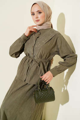 V Taş Süslemeli Tensel Etekli Takım Haki - İkili Takım