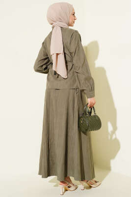 V Taş Süslemeli Tensel Etekli Takım Haki - İkili Takım