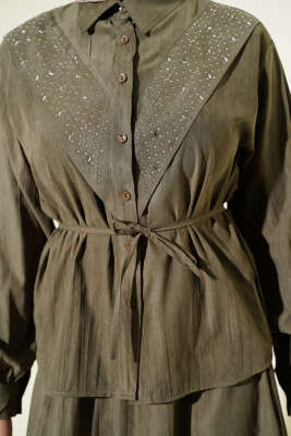 V Taş Süslemeli Tensel Etekli Takım Haki - İkili Takım