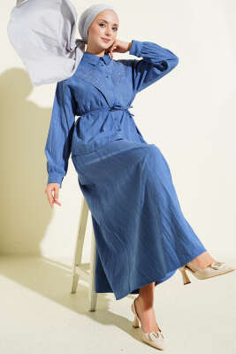 V Taş Süslemeli Tensel Etekli Takım İndigo - NEVA MODA