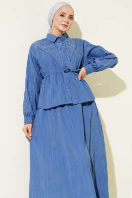 V Taş Süslemeli Tensel Etekli Takım İndigo - İkili Takım