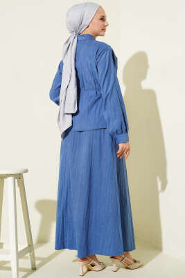 V Taş Süslemeli Tensel Etekli Takım İndigo - İkili Takım