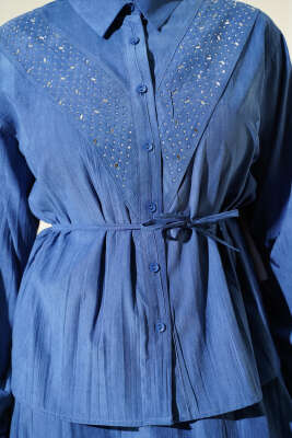 V Taş Süslemeli Tensel Etekli Takım İndigo - İkili Takım