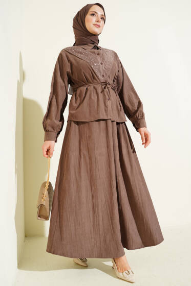 V Taş Süslemeli Tensel Etekli Takım Kahve - İkili Takım