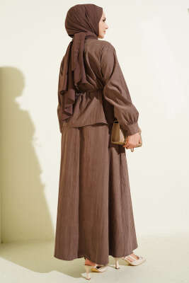 V Taş Süslemeli Tensel Etekli Takım Kahve - İkili Takım