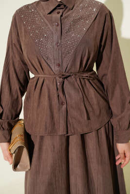 V Taş Süslemeli Tensel Etekli Takım Kahve - İkili Takım