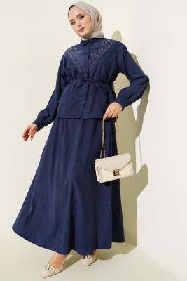 V Taş Süslemeli Tensel Etekli Takım Lacivert - NEVA MODA