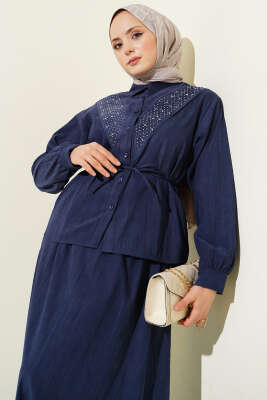 V Taş Süslemeli Tensel Etekli Takım Lacivert - İkili Takım