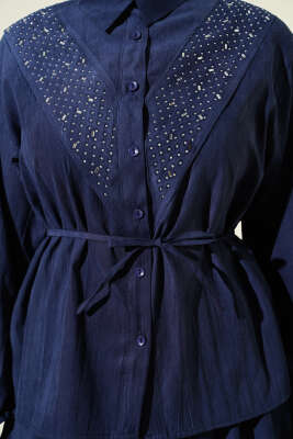 V Taş Süslemeli Tensel Etekli Takım Lacivert - İkili Takım