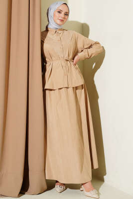 V Taş Süslemeli Tensel Etekli Takım Latte - NEVA MODA