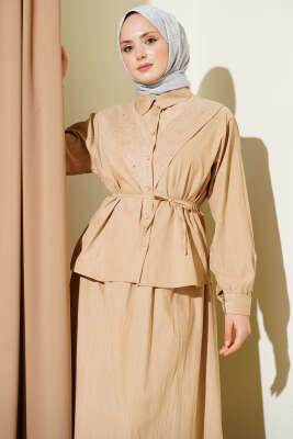 V Taş Süslemeli Tensel Etekli Takım Latte - İkili Takım